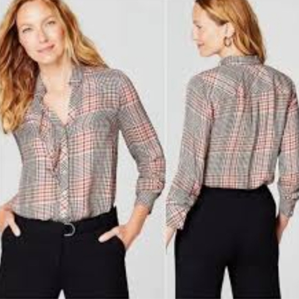 J.Jill Glen Plaid Ruffle‎ Button Up Shirt Size Large Long Sleeve